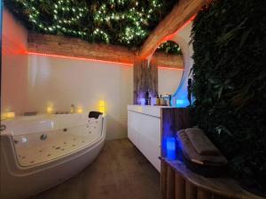 Gîtes Mas des rochers - Case bambou avec Spa في لو بوزيت: حمام مع حوض استحمام ومرآة +17 صورة