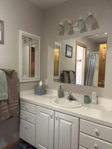 La salle de bains est pourvue d'un lavabo et d'un miroir. dans l'établissement The Inn at Woodsong Acres, à Conneaut