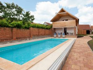 a swimming pool in front of a brick wall at Rezidence Věstonice in Horní Věstonice