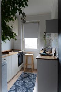 a kitchen with white cabinets and a blue rug at FlaneurNest- peaceful&inspiring in Budapest