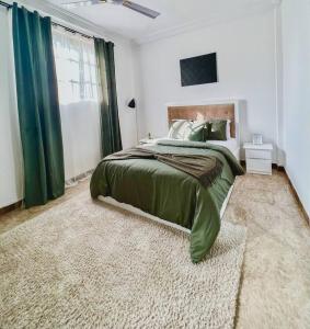Schlafzimmer mit einem Bett mit grünen Vorhängen und einem Teppich in der Unterkunft Cozy minimal suite in Accra