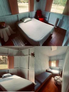 2 fotos de un dormitorio con cama y ventana en Villa Montezuma Corcovado, en Puerto Jiménez