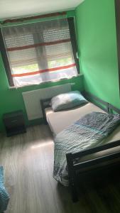 2 letti in una camera con parete verde di NT Dreamhouse a Düren - Eifel