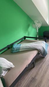 Cama en habitación con pared verde en NT Dreamhouse, en Düren - Eifel