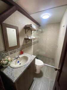 een badkamer met een wastafel en een toilet bij Quinta Hotel Las Buganvillas in Ambato