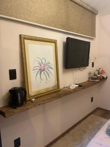 um quarto com televisão e uma imagem na parede em Cabana Secreta em Petrópolis