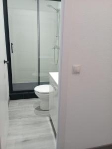 een badkamer met een toilet en een glazen douche bij Estudio en Callao, 4 personas in Madrid