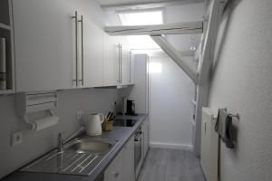 塞布尼茲的住宿－Brauhaus Suite 20，一个带水槽和楼梯的小厨房