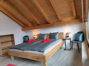a bedroom with a large bed with red pillows at Traumhafte Villa Seelisberg in Seelisberg