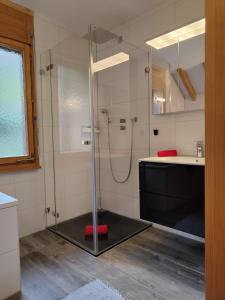 a bathroom with a shower with a glass door at Traumhafte Villa Seelisberg in Seelisberg