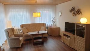 sala de estar con sofá y TV en Helle und zentrale Ferienwohnung mit Treppenlift, en Oldenburg