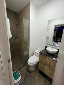 a bathroom with a toilet and a sink and a shower at Penthouse-Loft, Laureles, Vistas a Medellín - 801 in Medellín