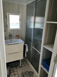 uma casa de banho com um chuveiro e um lavatório. em SOUS LE SOLEIL DE PROVENCE em Le Castellet