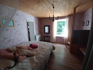 um quarto com uma cama e uma grande janela em Gite de l'Ours em Saint-Maurice-sur-Moselle