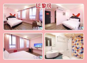 a collage of three pictures of a hotel room at Amir B&B train station & elevator with parking lot in Hualien City