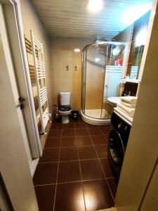 La salle de bains est pourvue de toilettes et d'une douche en verre. dans l'établissement Rental Room in a shared apartment near the airport, à Basaksehir