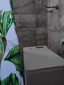 a room with a shower with a toilet and a wall at Apartman Stan شقة in Plav