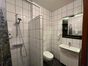 La salle de bains est pourvue d'une douche, de toilettes et d'un lavabo. dans l'établissement Hótel Austur, à Reyðarfjörður