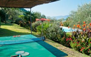eine Tischtennisplatte in einem Garten neben einem Pool in der Unterkunft Villa Igea in Mastiano