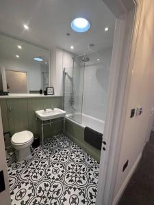 La salle de bains est pourvue de toilettes, d'un lavabo et d'une douche. dans l'établissement Riverside 3 Bed House, à Winchester