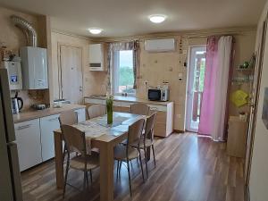 a kitchen with a table and chairs in a kitchen at Holt-Tisza Vendégház in Szeged