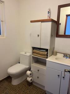 uma casa de banho com um WC, um lavatório e um espelho. em Encantador loft! por el lago em Juriquilla