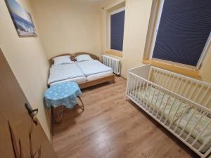 a small room with a crib and a bed and window at Familienfreundliche Fewo MV Malchin in Malchin