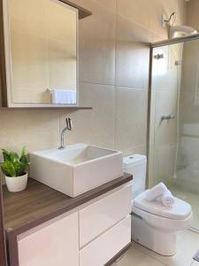 uma casa de banho com um lavatório e um WC em Apartamento Inteiro Completo 2 Quartos com AC em Blumenau SC à 10min Vila Germânica em Blumenau