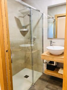 La salle de bains est pourvue d'une douche en verre et d'un lavabo. dans l'établissement Apartamentos Zabalarena Artzaia, à Orbaiceta