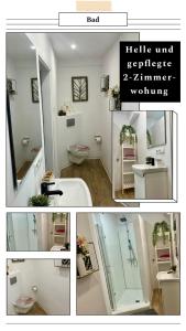 eine Collage mit Bildern eines Badezimmers mit Waschbecken und WC in der Unterkunft Helle und gemütliche 2 Zimmer Ferienwohnung in Ludwigsburg