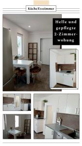 eine Collage mit Bildern einer Küche mit einem weißen Tisch in der Unterkunft Helle und gemütliche 2 Zimmer Ferienwohnung in Ludwigsburg
