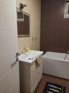 a bathroom with a white sink and a bath tub at Centro apartman in Pančevo