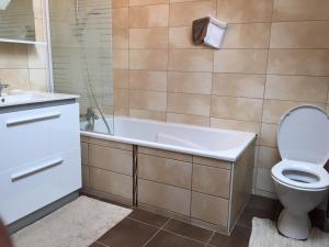 a bathroom with a toilet and a tub and a sink at Rochire Location 1 in Gérardmer +39 photos