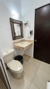 a bathroom with a toilet and a sink at Casa de Descanso y Aventuras en zona privada in Mérida