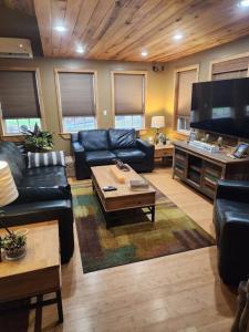 a living room with couches and a flat screen tv at 2 bed, 1.5 bath cottage across from Watauga Lake in Butler