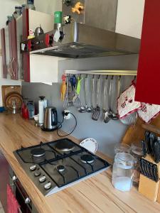 een keuken met een kookplaat en een oven bij La Maison des Roses in Drachenbronn