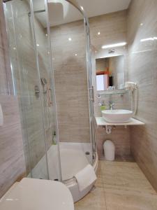 La salle de bains est pourvue d'une douche, de toilettes et d'un lavabo. dans l'établissement Rooms Lidija, à Zagreb