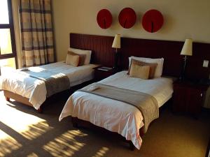 a hotel room with two beds in a room at Maropeng Boutique Hotel in Magaliesburg