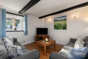 a living room with two couches and a tv at Meadowsweet Cottage Jacuzzi Edition in Saundersfoot