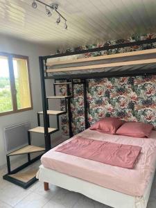 a bedroom with a bunk bed with pink sheets at La maison de la Capiniella in La Chapelle-Moulière