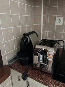 einem Toaster, der auf einer Theke neben einem Toaster sitzt in der Unterkunft Green Palmeral Los Locos Torrevieja in Torrevieja