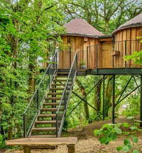 a tree house with stairs leading up to it at Treehouse in Devon - 2 bedrooms in Beaworthy