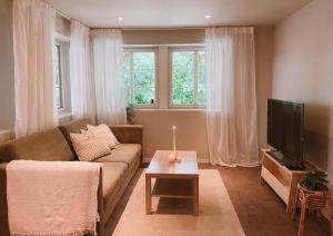 een woonkamer met een bank en een televisie bij Cozy and newly renovated appartment in Kristiansand