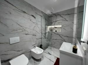 コルチャにあるKorca Destination Apartmentの白いトイレと洗面台のあるバスルーム