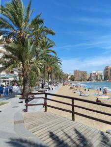 a beach with palm trees and people on the beach at Palacio del mar in Torrevieja