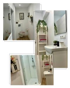 ein Badezimmer mit einem Waschbecken, einem WC und einem Spiegel in der Unterkunft Helle und gemütliche 2 Zimmer Ferienwohnung in Ludwigsburg