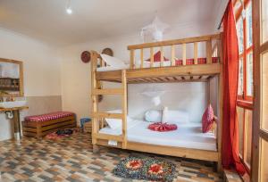 1 Schlafzimmer mit 2 Etagenbetten in einem Zimmer in der Unterkunft Banana Farm Eco Hostel in Arusha