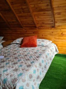 Un dormitorio con una cama con una almohada roja. en Cabañas del bosque en Choachí