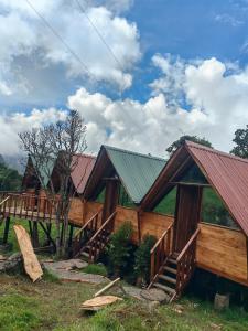 a log cabin with a green roof and wooden stairs at Cabañas del bosque in Choachí