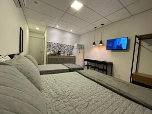 Cette chambre comprend 2 lits et une télévision à écran plat. dans l'établissement VILLA BILAC 09 - Studio Urbano próximo à Villa Germânica Bairro da Velha, à Blumenau
